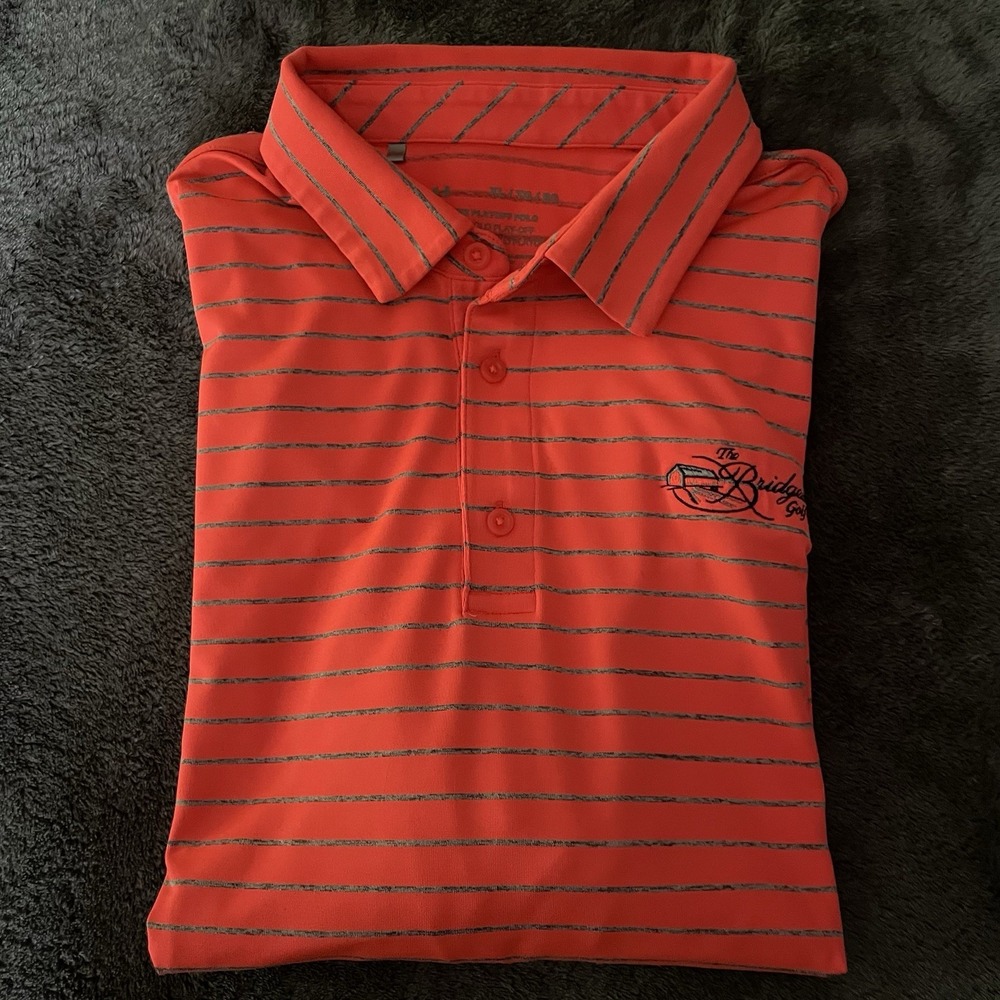 Under Armour Playoff Polo Mens xl Bright Orange Striped The Bridges Logo (Chest)